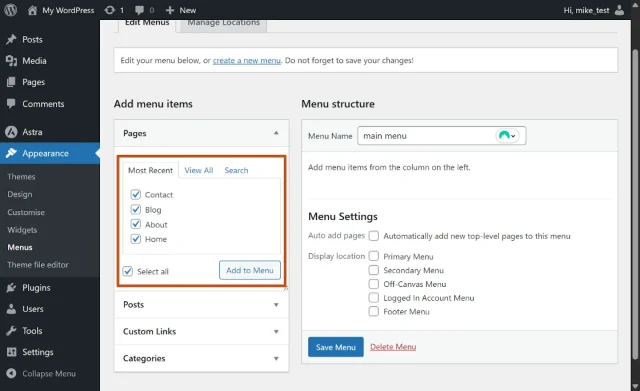 Screenshot of 'Add Menu Items' options