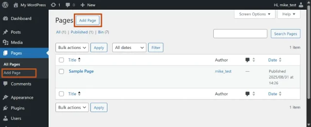 Screenshot of WordPress 'Page' page with 'New Page' button selected