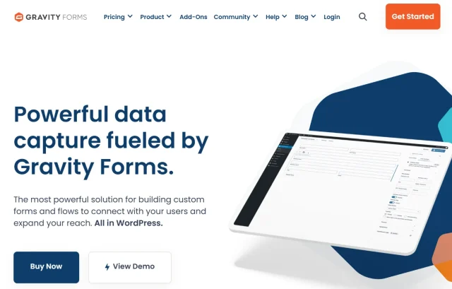 Screenshot of Gravity forms plug-in homepage