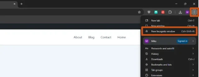 Screenshot selecting 'New Incognito Window'