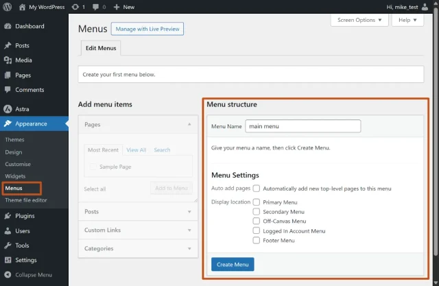 Screenshot of WordPress Menu settings