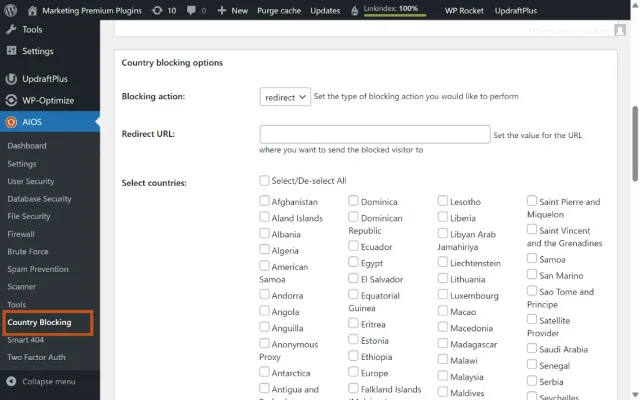 Screenshot depicting AIOS WordPress country blocking settings