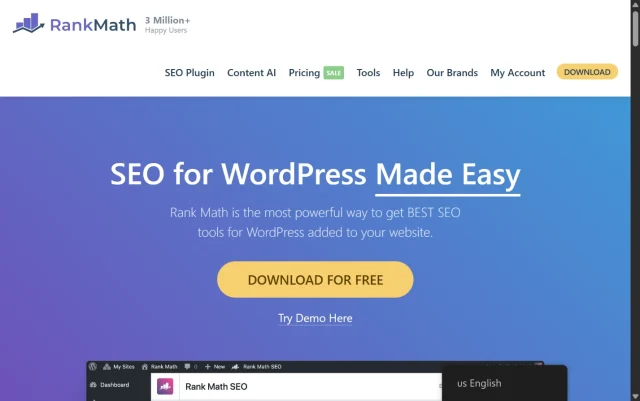 Rank Math plug-in homepage screenshot