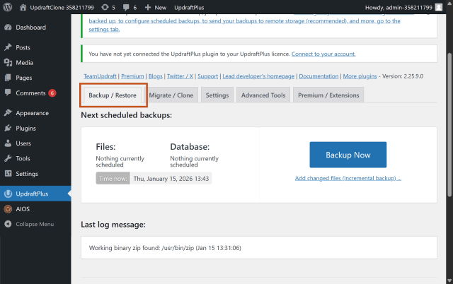 Backup and restore tab inside UpdraftPlus plugin