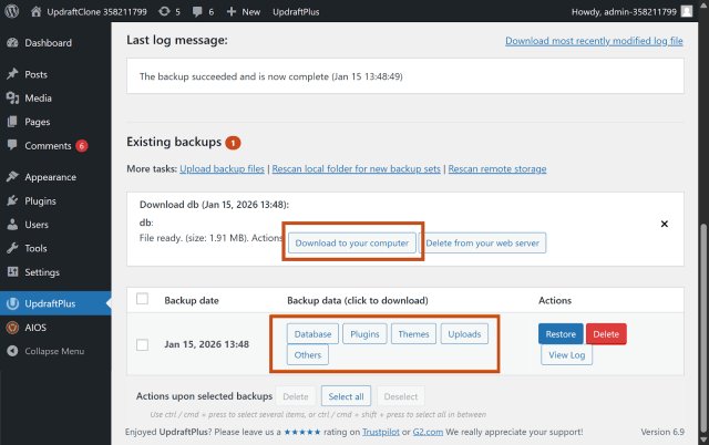 Download UpdraftPlus backups to your computer