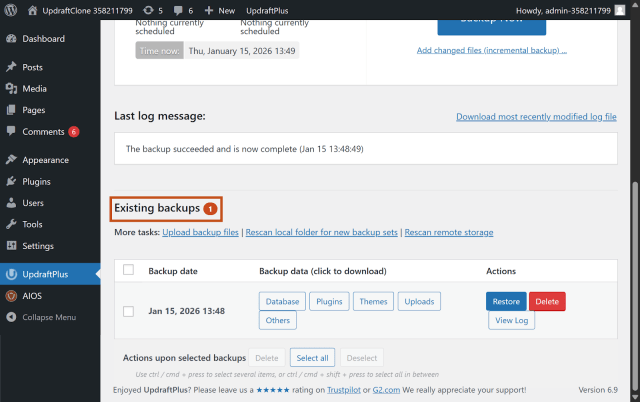Existing backup files in UpdraftPlus