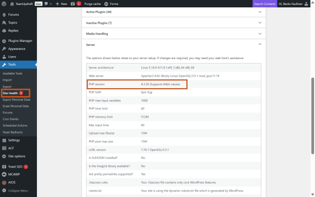 how to check your PHP version in WordPress