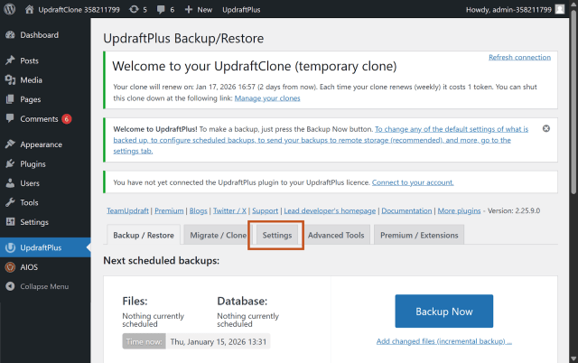 Settings tab in the UpdraftPlus plugin
