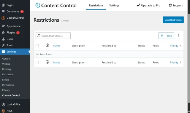 Screenshot of the Content Control dashboard