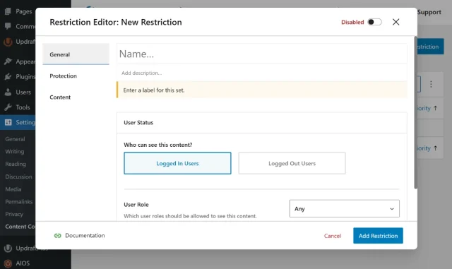 Screenshot of Content control restriction editor dialogue and settings