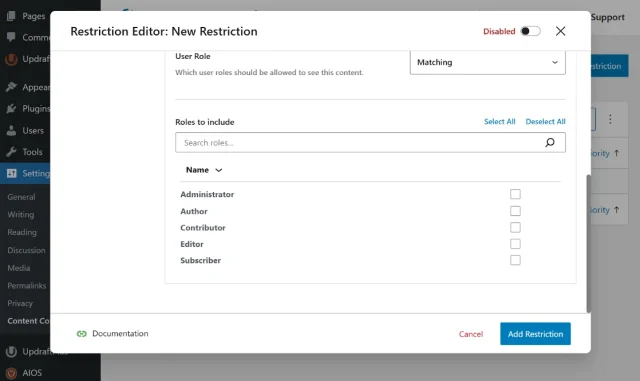 Screenshot of Content control restriction editor