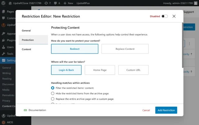 Screenshot of Content control content protection options