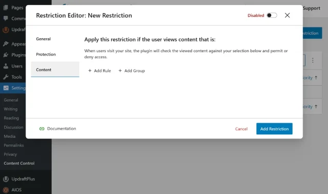 Screenshot of Content control content restriction options