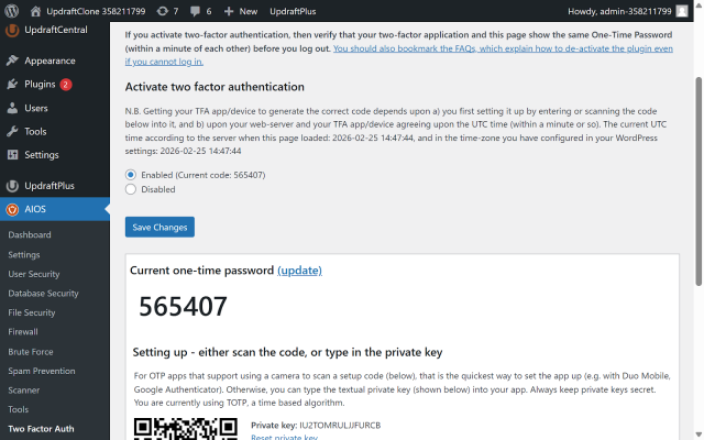 2FA (two factor authentication) settings in AIOS plugin