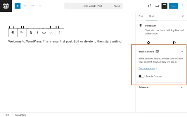 Screenshot of a new blog post page with the Content control options available