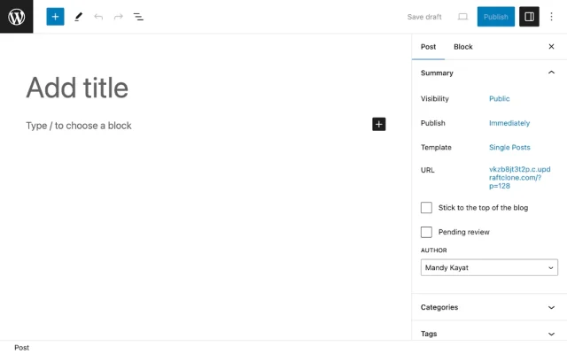 Screenshot of the WordPress blog post editing page