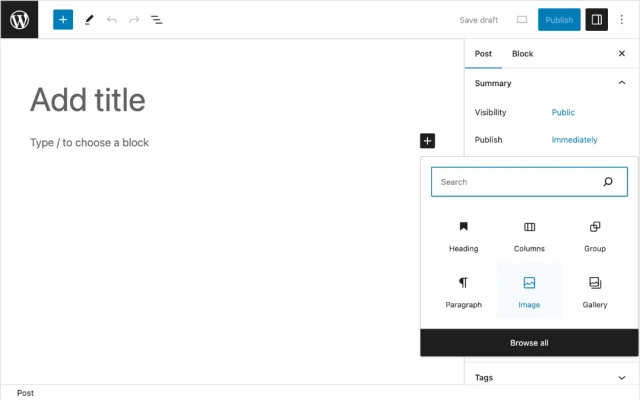 Screenshot of image block selected to be added to a WordPress blog post