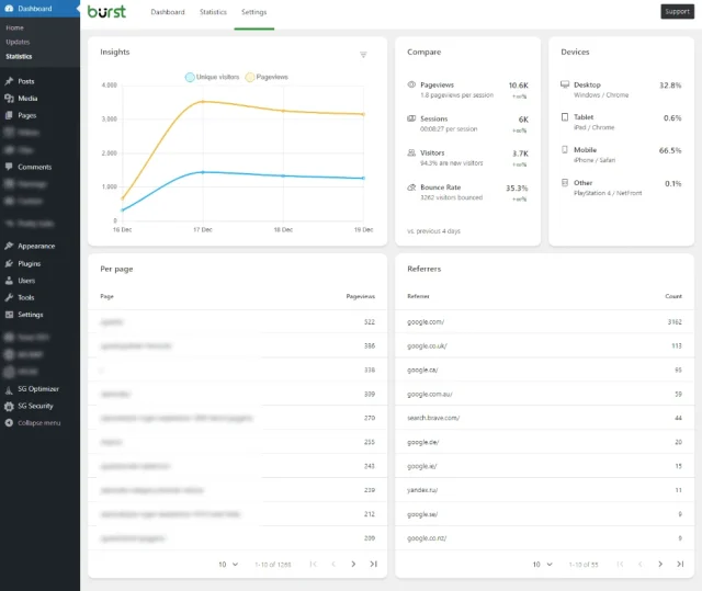Screenshot of website analytics on the Burst Statistics dashboard