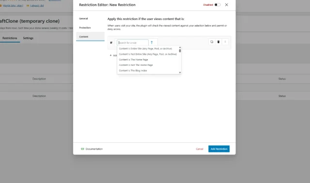 Screenshot of Content restriction options list in Content control