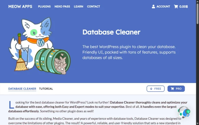 Screenshot of MeowApps Database cleaner homepage