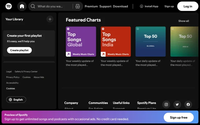 Screenshot of Spotify non logged in homepage