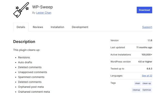 Screenshot of WP Sweep plugin in WordPress directory