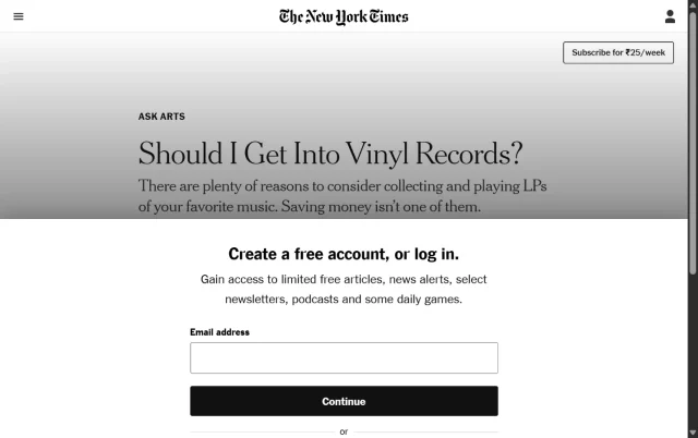 Screenshot of the The New York Times homepage with a paywall appearing