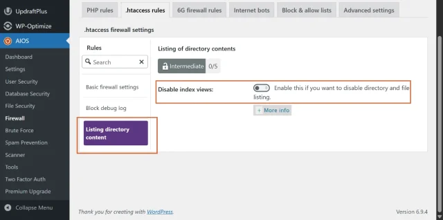 Screenshot of AIOS Disable index view option