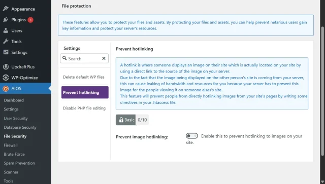 Screenshot of AIOS 'Prevent hotlinking' page