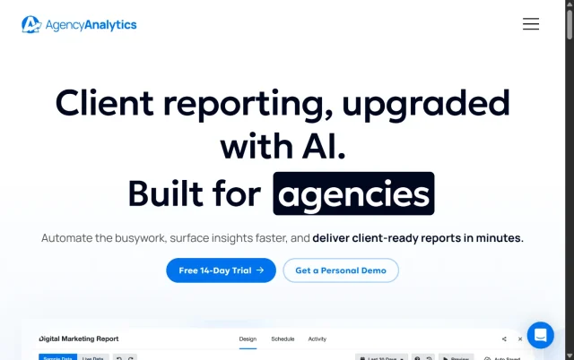 Screenshot of Agency analytics homepage