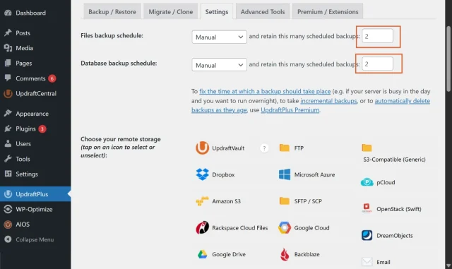 Screenshot that shows where to chose number of backups