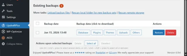 Screenshot of Existing backups page in UpdraftPlus