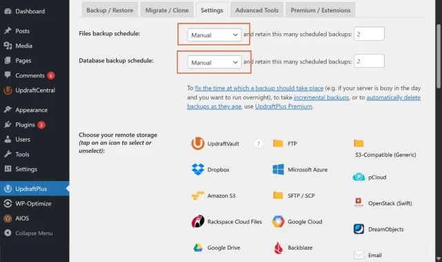 Screenshot of settings section, indicating to Select Files and database backup schedule