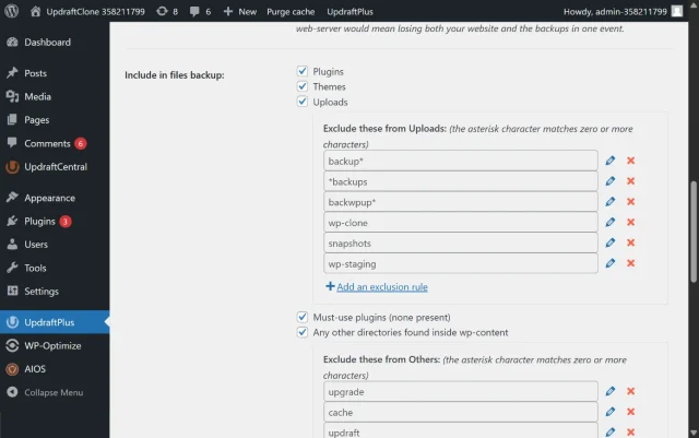Screenshot of section of files to include during backup