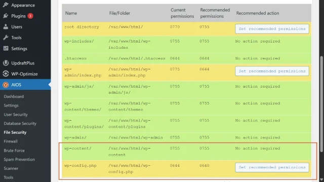 Screenshot showing a list of files and asking to select File '755' or '644' in 'File Security'