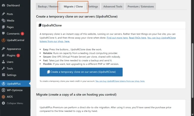 Screenshot highlighting UpdraftPlus Migrate tab