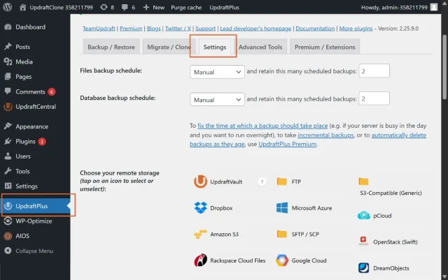 Screenshot of UpdraftPlus 'Settings' tab