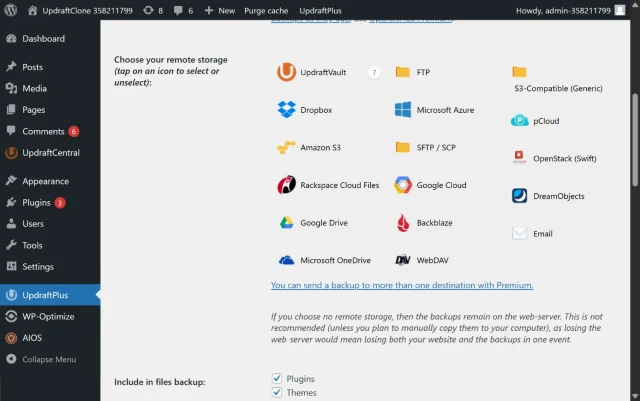 Screenshot of section of UpdraftPlus choose your remote storage option section