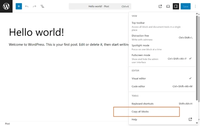 Screenshot highlighting ' Copy all blocks' button