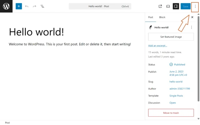 Screenshot showing that WordPress page duplicate options can be found in the top right menu