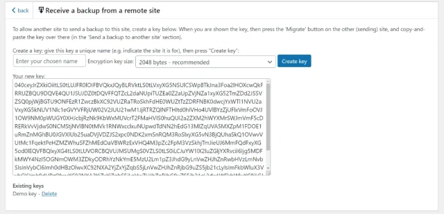 Screenshot of Demo Key for backup