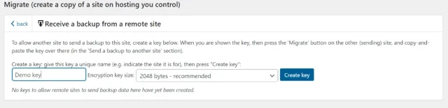 Screenshot of Migrate dialogue box with the demo key section