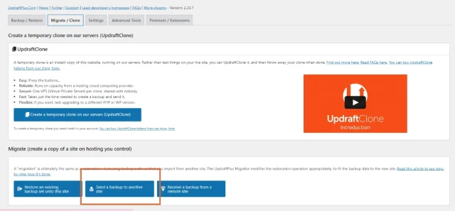 Screenshot highlighting the button to 'Send a backup to another site'