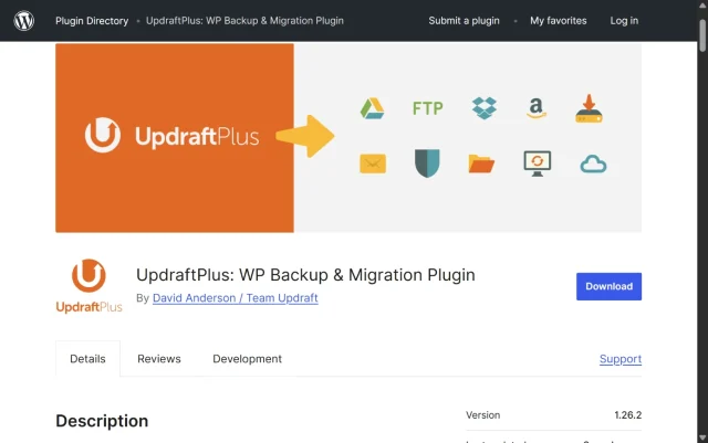 Screenshot of UpdraftPlus in WordPress directory