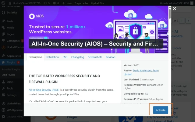 Screenshot of the AIOS plugin activation screen