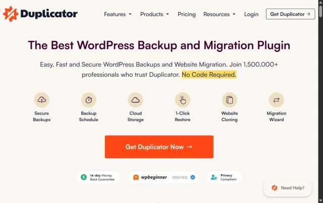 Screenshot of Duplicator homepage