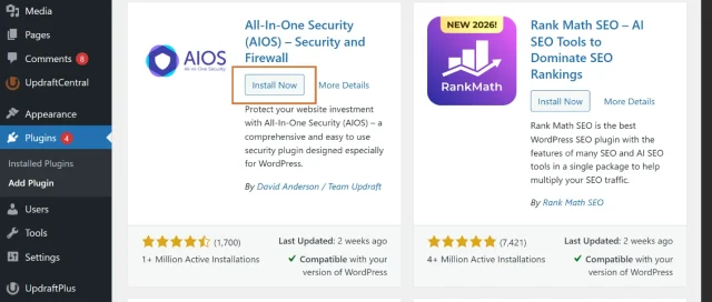 Screenshot of WordPress directory highlighted the AIOS plugin 'install' button