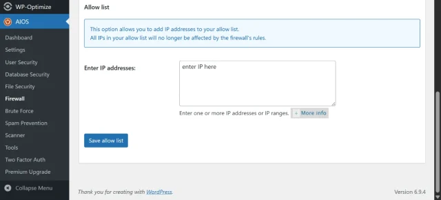Screenshot of the 'Enter IP addresses' section of the AIOS plugin