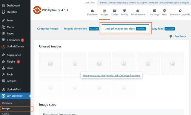 Screenshot of 'Unused images and sizes' tab in WP Optimize
