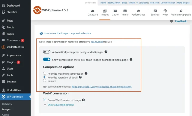Screenshot showing compression options in WP Optimize